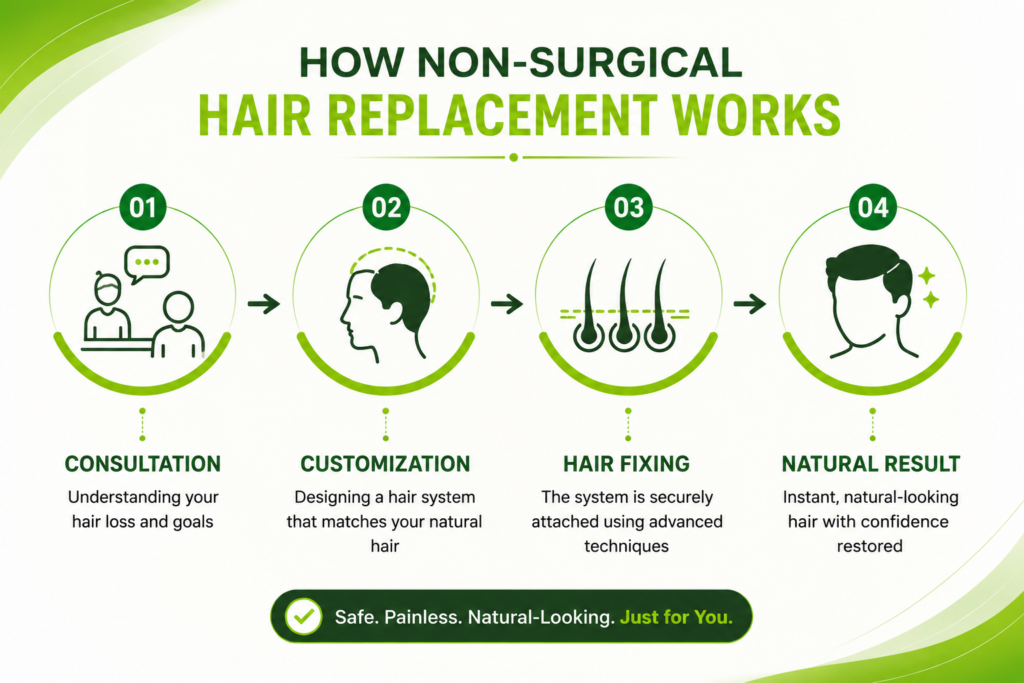 Non-surgical hair replacement process from consultation to hair fixing