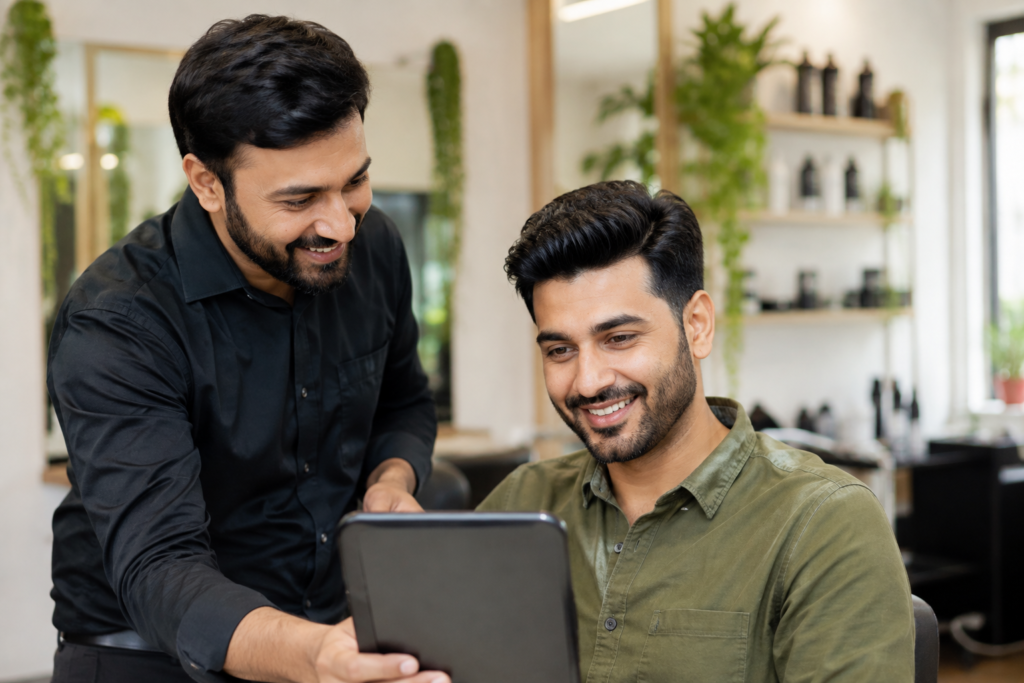 Hair replacement specialist consulting with a client about hair system care