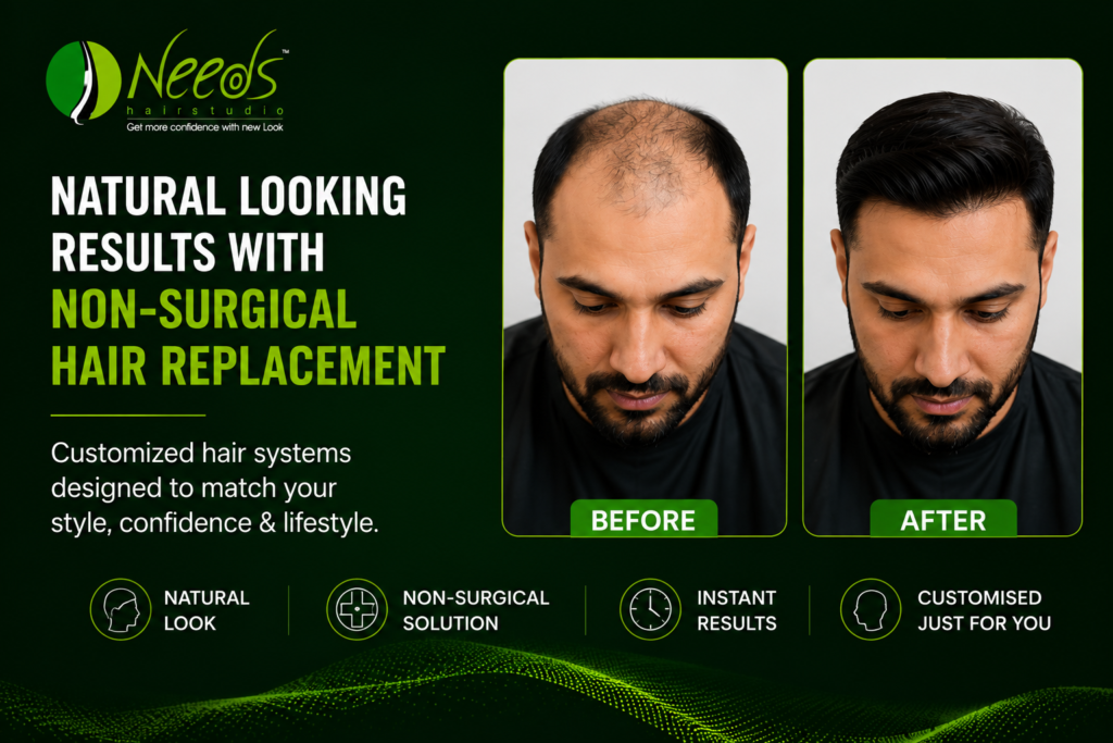 Before and after non surgical hair replacement results at Needs Hair Studio