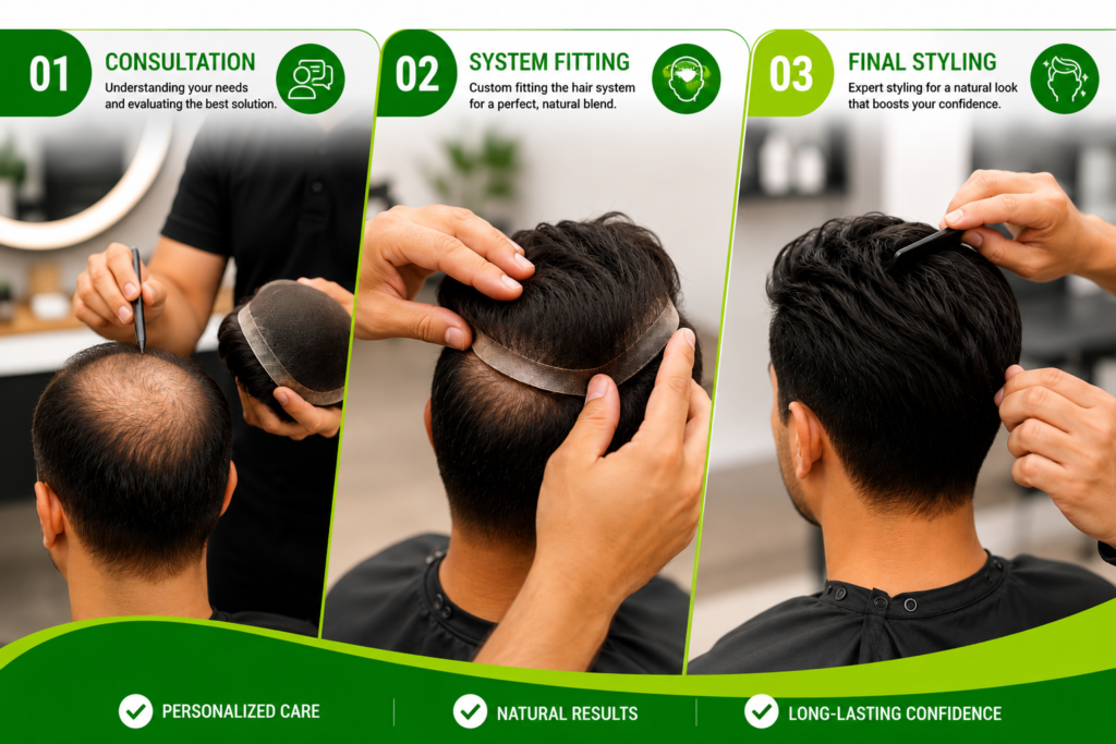 Stylist cutting and styling a bonded hair system for a natural finish