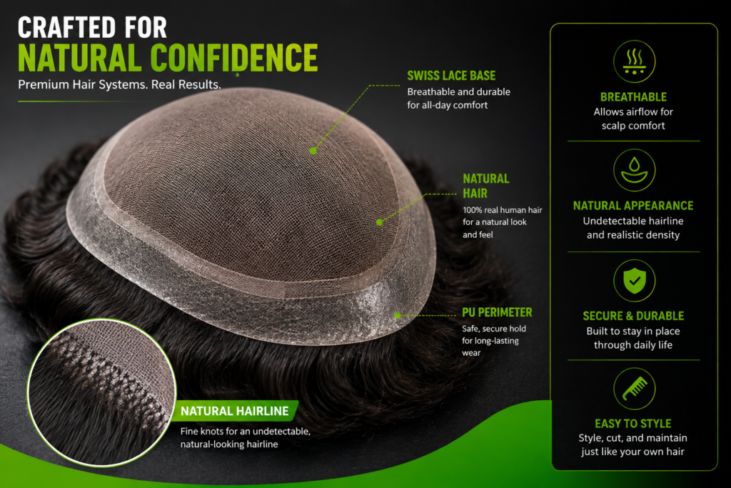 Close-up of a custom hair replacement system showing natural texture and density