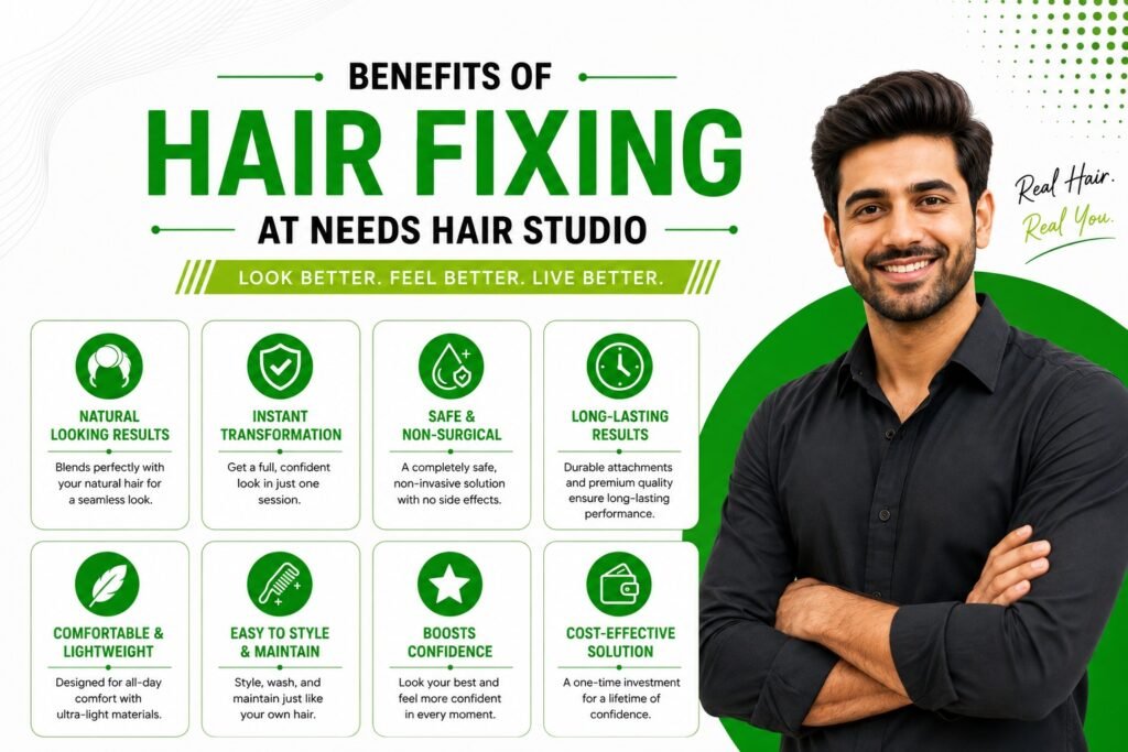 Infographic showing how hair fixing in Hyderabad works, including consultation, hair system selection, attachment, and styling