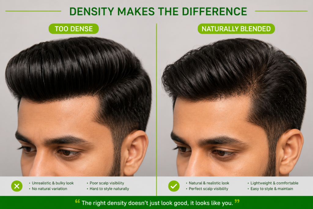 Side-by-side comparison of hair systems with different density levels against natural hair