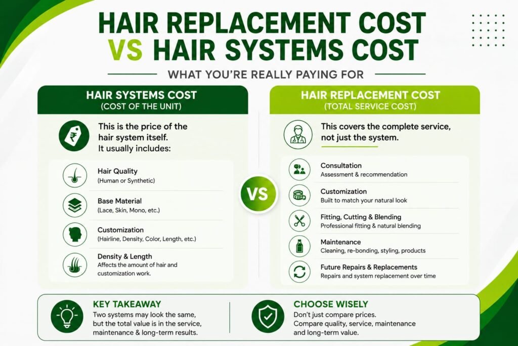 Hair replacement cost vs hair systems cost infographic comparing the price of the hair system itself with the total hair replacement service, including customization, fitting, maintenance, repairs, and replacements. Uses green and white branding.