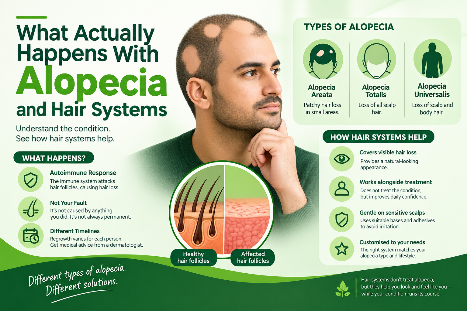 What actually happens with alopecia and hair systems, showing alopecia types, hair loss patterns, and how hair systems provide coverage and support confidence.