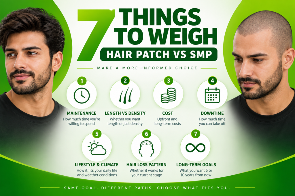 7 things to weigh when comparing hair patch vs SMP, including maintenance, length, cost, downtime, lifestyle, hair loss pattern and long-term goals
