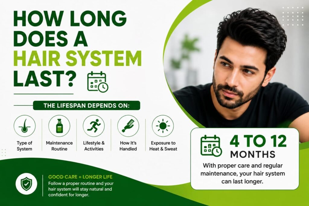 Infographic explaining how long a hair system lasts, highlighting a typical lifespan of 4 to 12 months and key factors such as system type, maintenance, lifestyle, handling, heat, and sweat, using green and white branding.