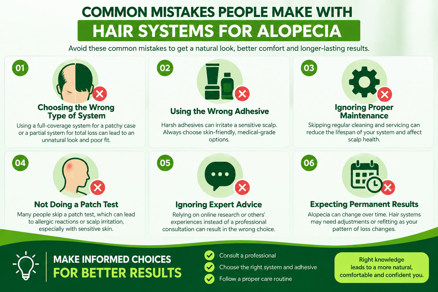 Common mistakes people make with hair systems for alopecia, including choosing the wrong system, using unsuitable adhesive, skipping maintenance, and not doing a patch test.