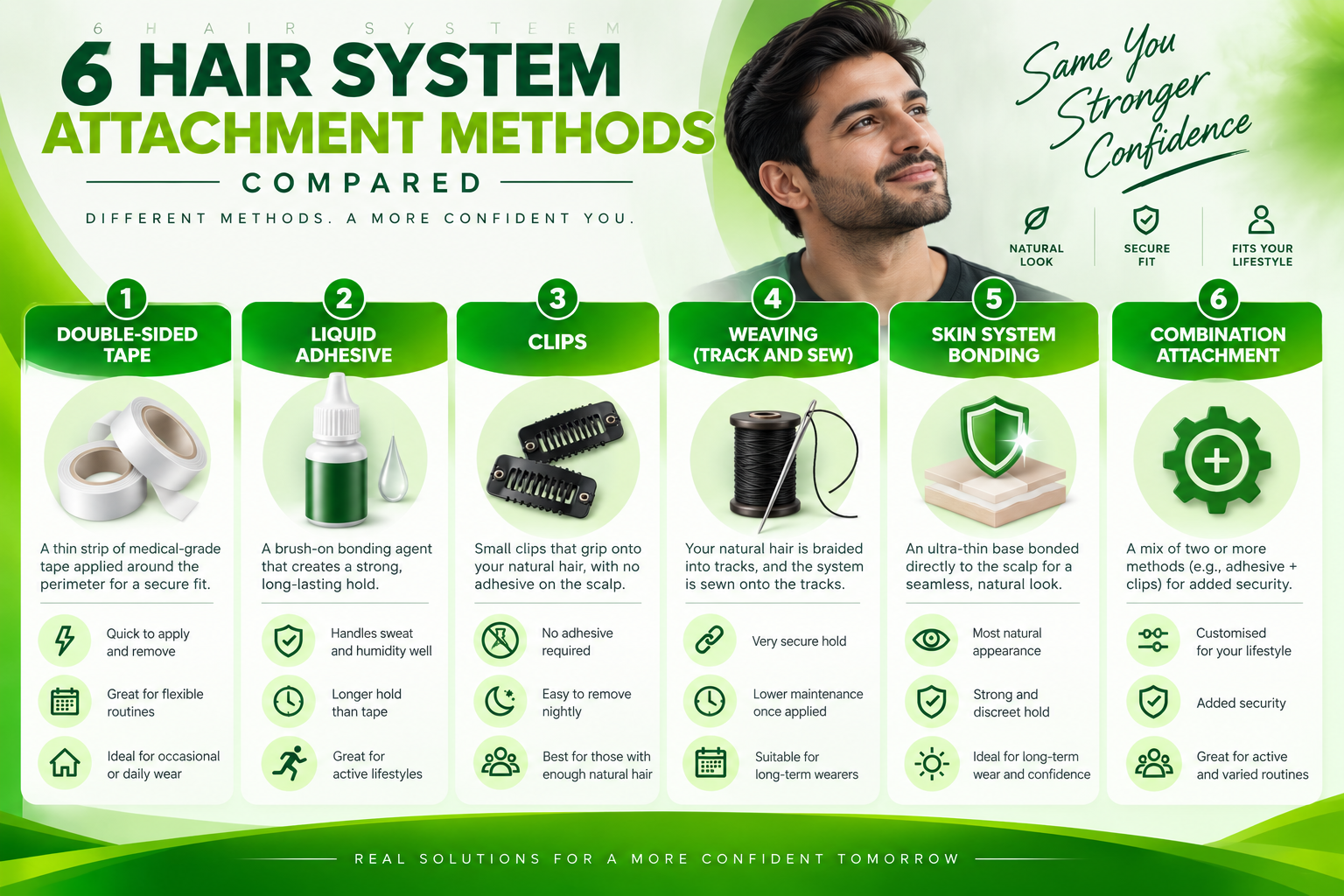 Infographic showing best practices for choosing a hair system attachment method, including lifestyle, scalp and skin type, maintenance, hold, natural appearance, pros and cons, and professional stylist guidance.