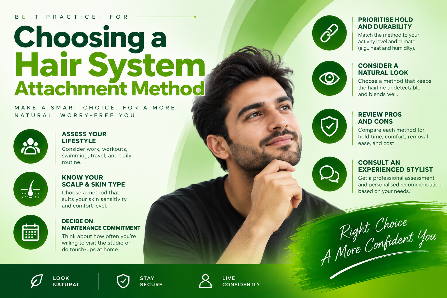 Best practices for choosing a hair system attachment method, covering lifestyle, scalp and skin type, maintenance, durability, natural appearance, and professional guidance.