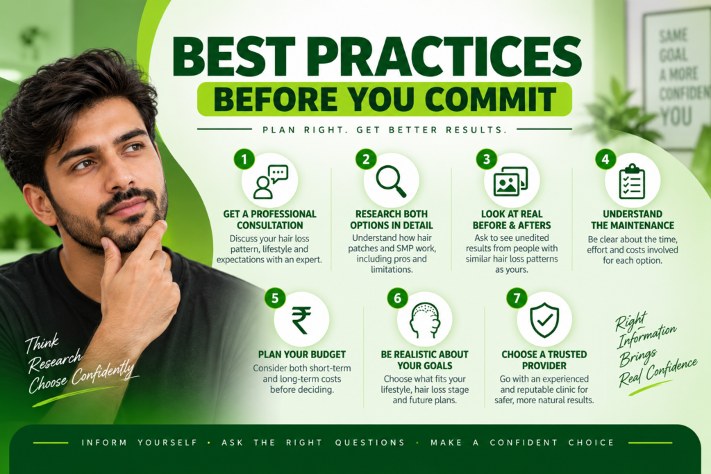 Best practices before choosing a hair patch or SMP, including consultation, research, results, maintenance, budget, goals and provider selection