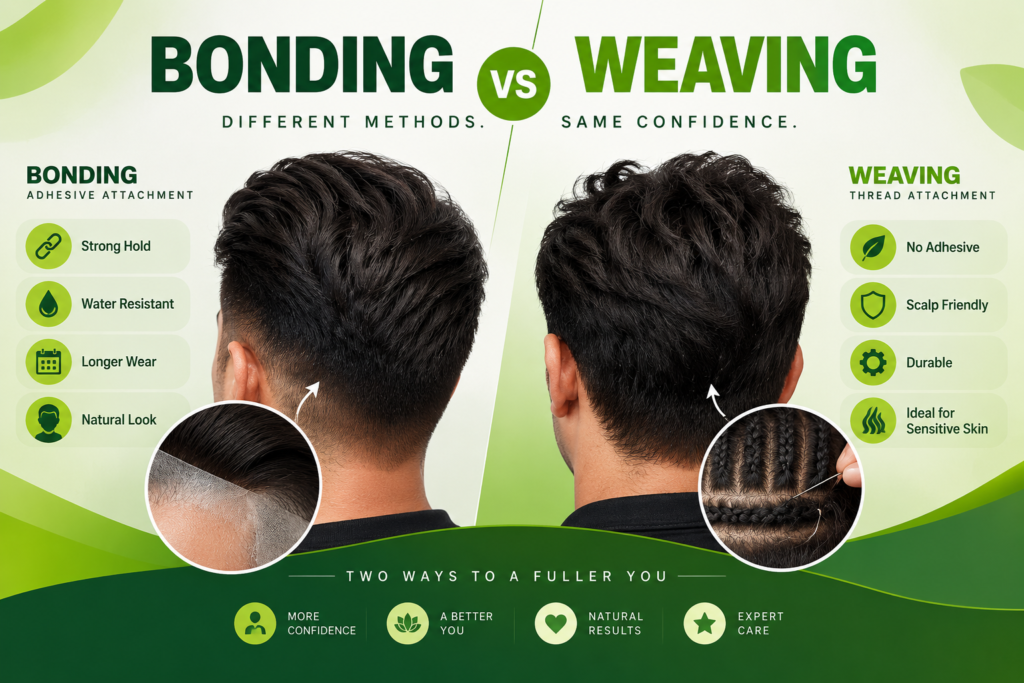 Bonding vs weaving hair patch attachment methods, showing adhesive bonding and thread-based weaving.