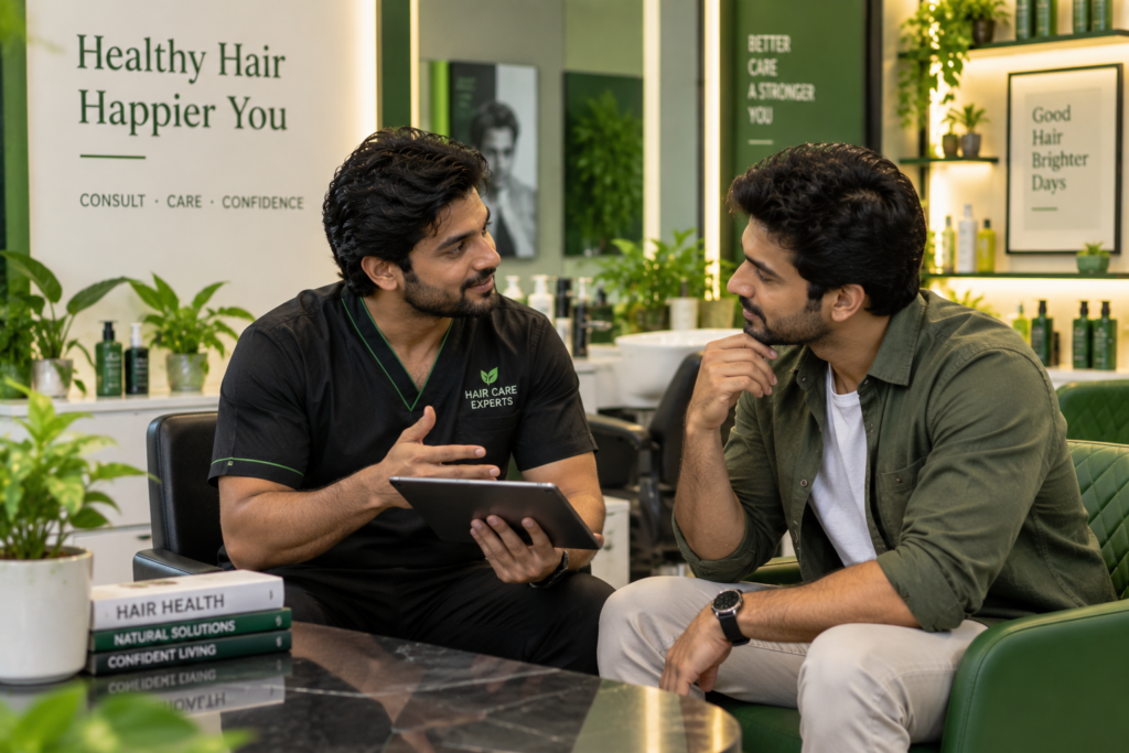 Client discussing a hair system aftercare plan with a specialist