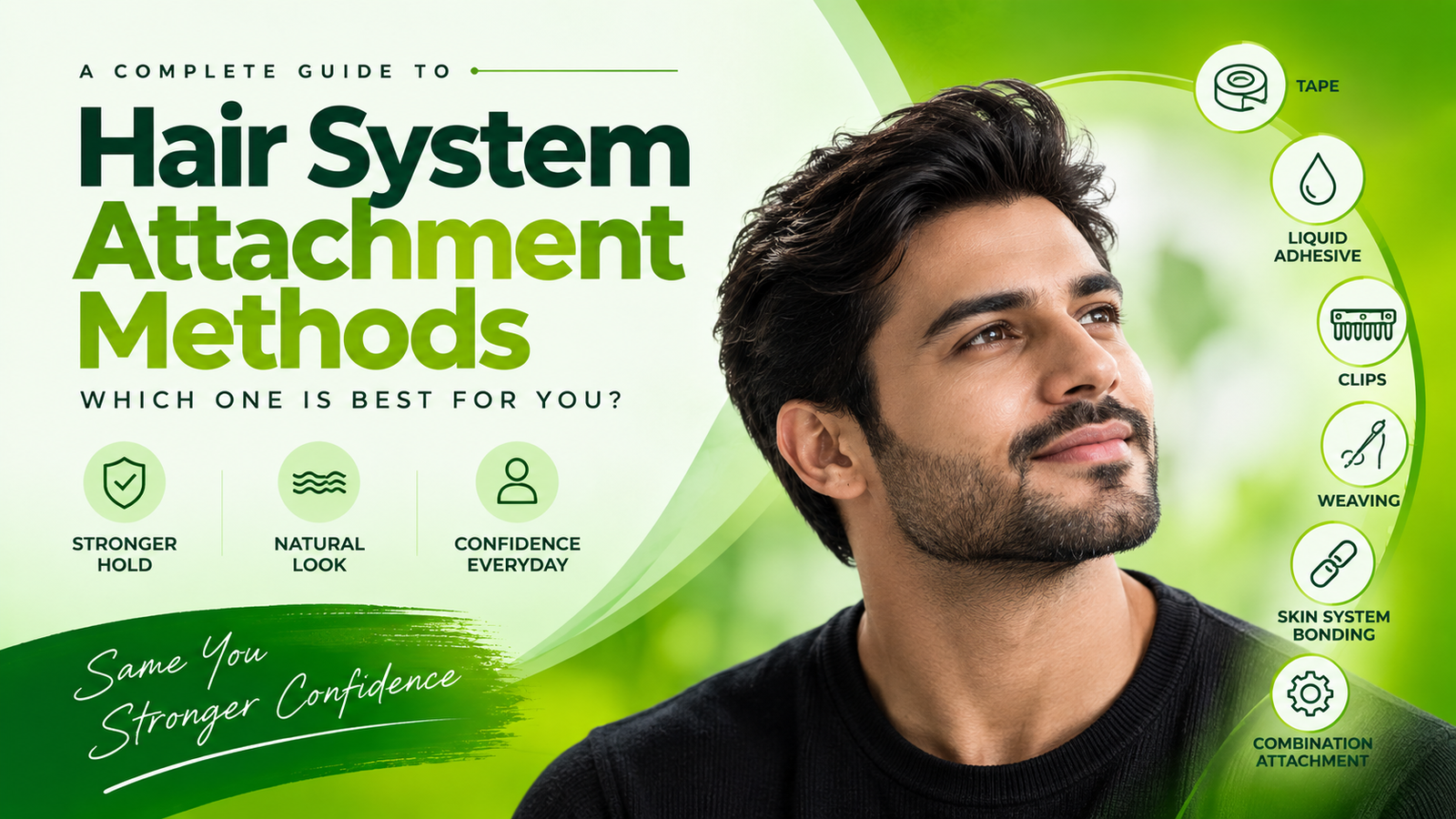 Hair system attachment methods guide showing a confident man alongside six attachment options: tape, liquid adhesive, clips, weaving, skin system bonding, and combination attachment.