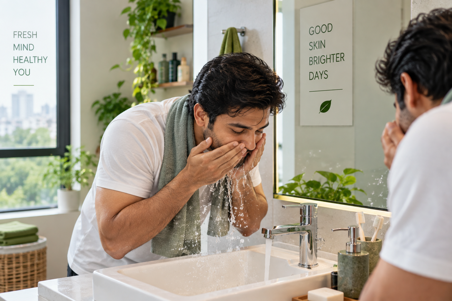 Man washing his face and scalp as part of a daily hair system aftercare routine