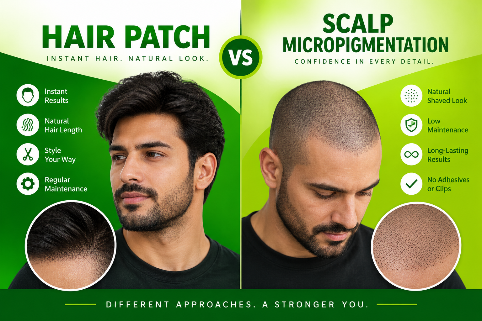 Hair patch vs SMP comparison showing hair patch styling and scalp micropigmentation results