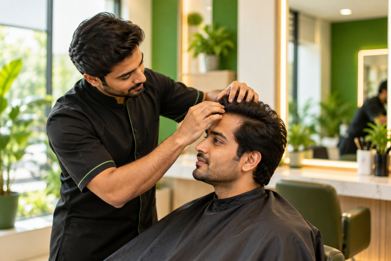 Stylist examining a client's hairline during a consultation at a hair studio
