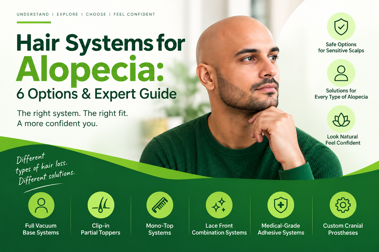 Hair systems for alopecia guide showing six hair replacement options for different types of alopecia and sensitive scalps.