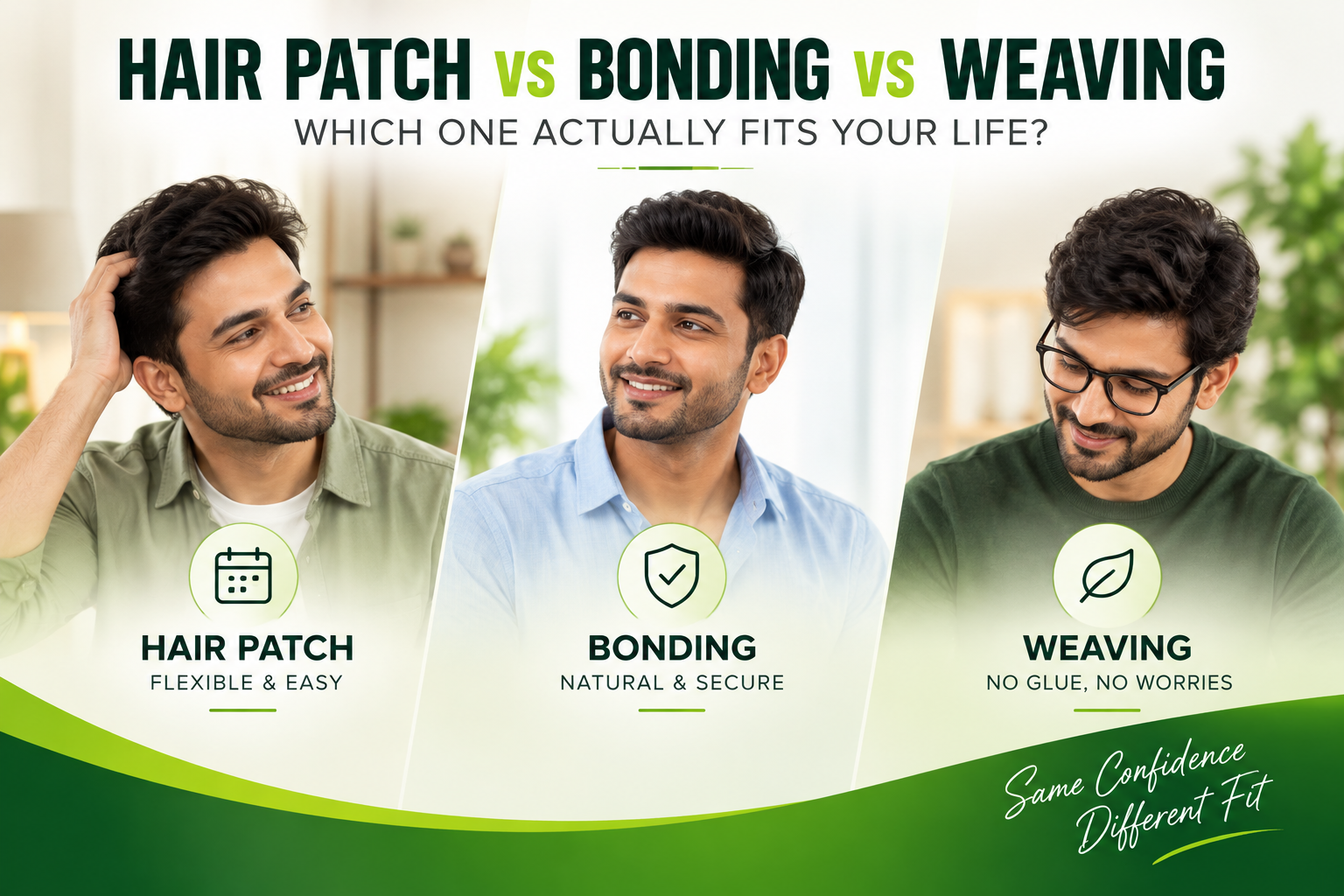 Hair patch vs bonding vs weaving comparison showing three hair replacement options for different lifestyles, with green-themed panels and male models.