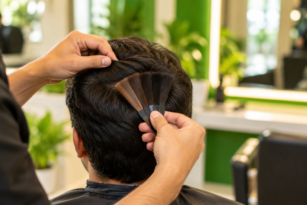 Stylist colour-matching hair swatches to a client's natural hair at a hair studio