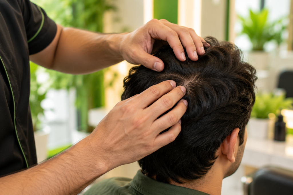 Stylist checking scalp condition and fit during a hair studio consultation