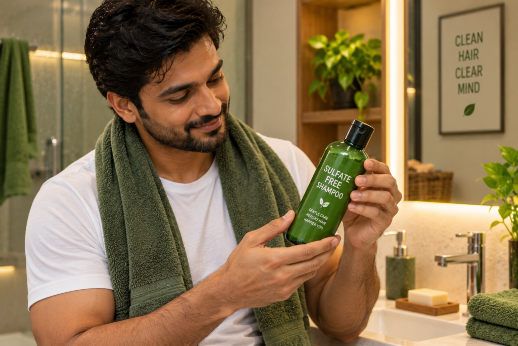 Man holding a sulfate-free shampoo bottle used for hair system aftercare