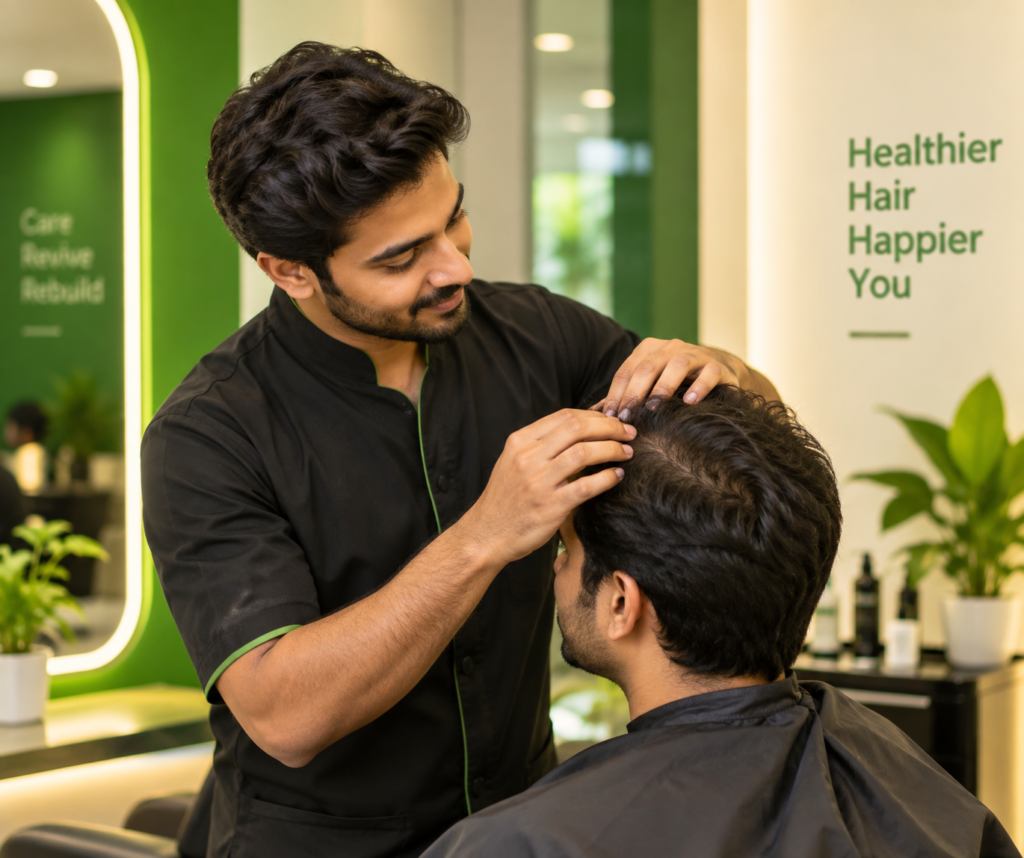 stylist checking scalp and hairline for seasonal hair system care