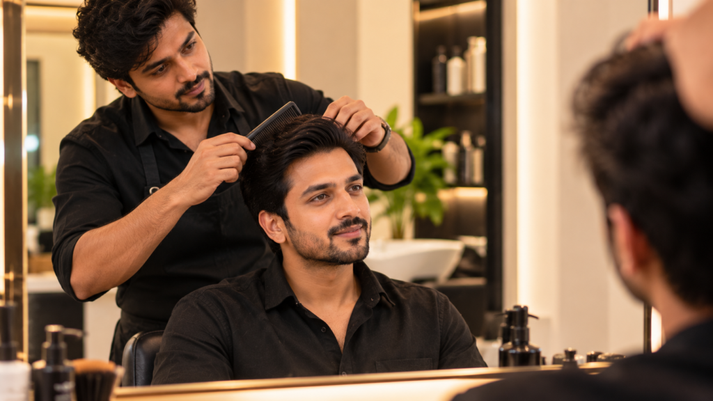 Professional hairstylist creating a natural-looking hairstyle for a client