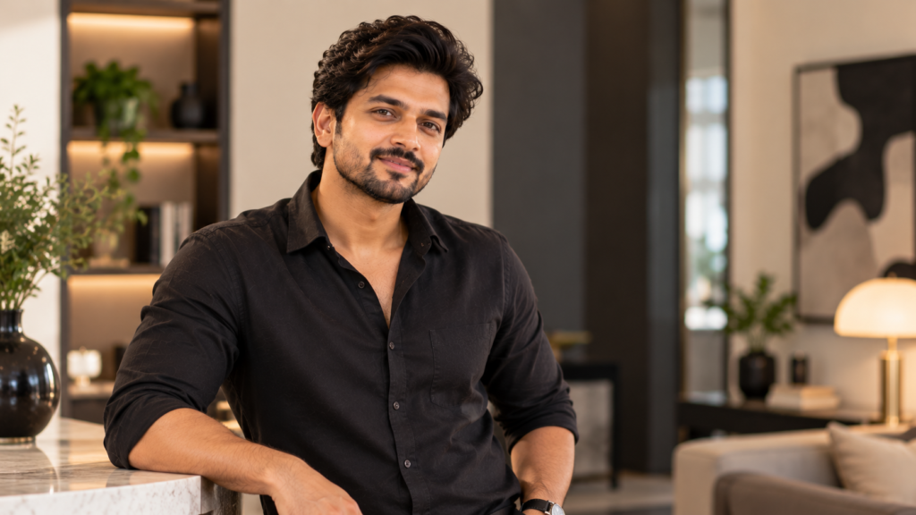 Confident man with a natural-looking hairstyle in a modern setting