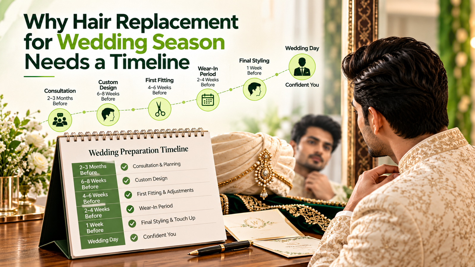 Wedding hair replacement timeline showing consultation, custom design, fitting, wear-in, final styling, and wedding day preparation.