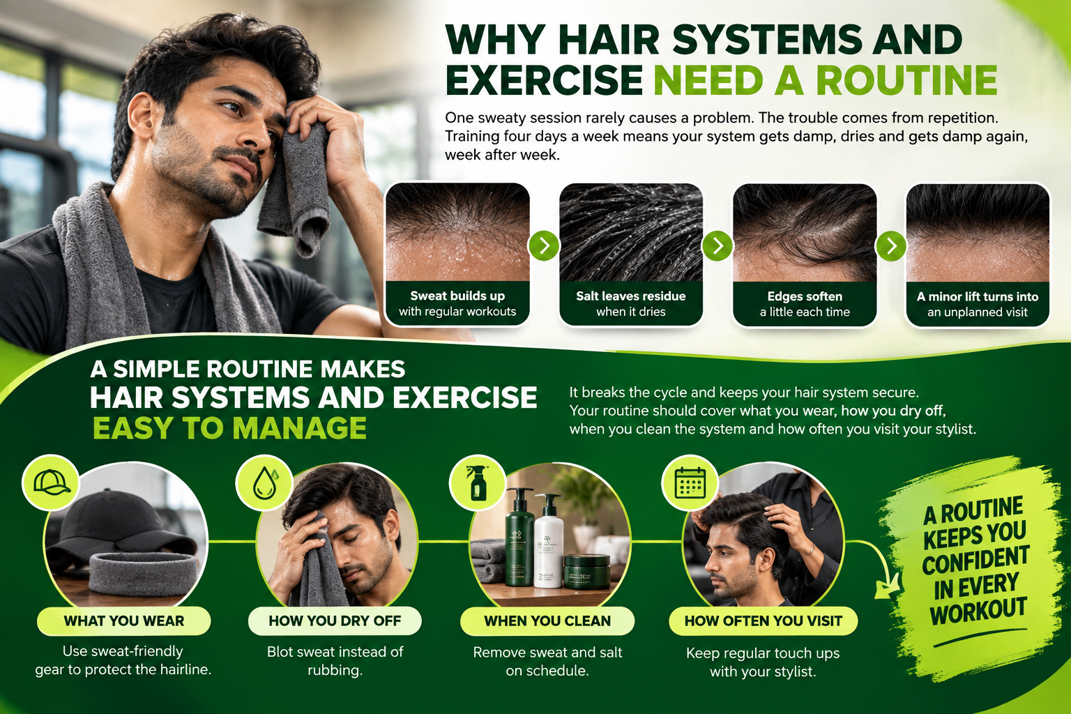 Hair systems and exercise routine showing how sweat, salt buildup, drying, cleaning, and regular stylist visits help maintain a hair system.