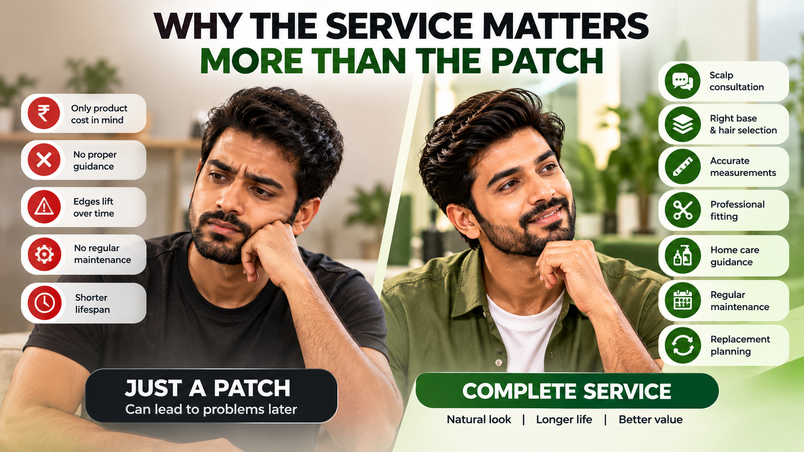 Why hair patch service matters more than the patch, highlighting professional consultation, accurate fitting, home care guidance, regular maintenance, and replacement planning.