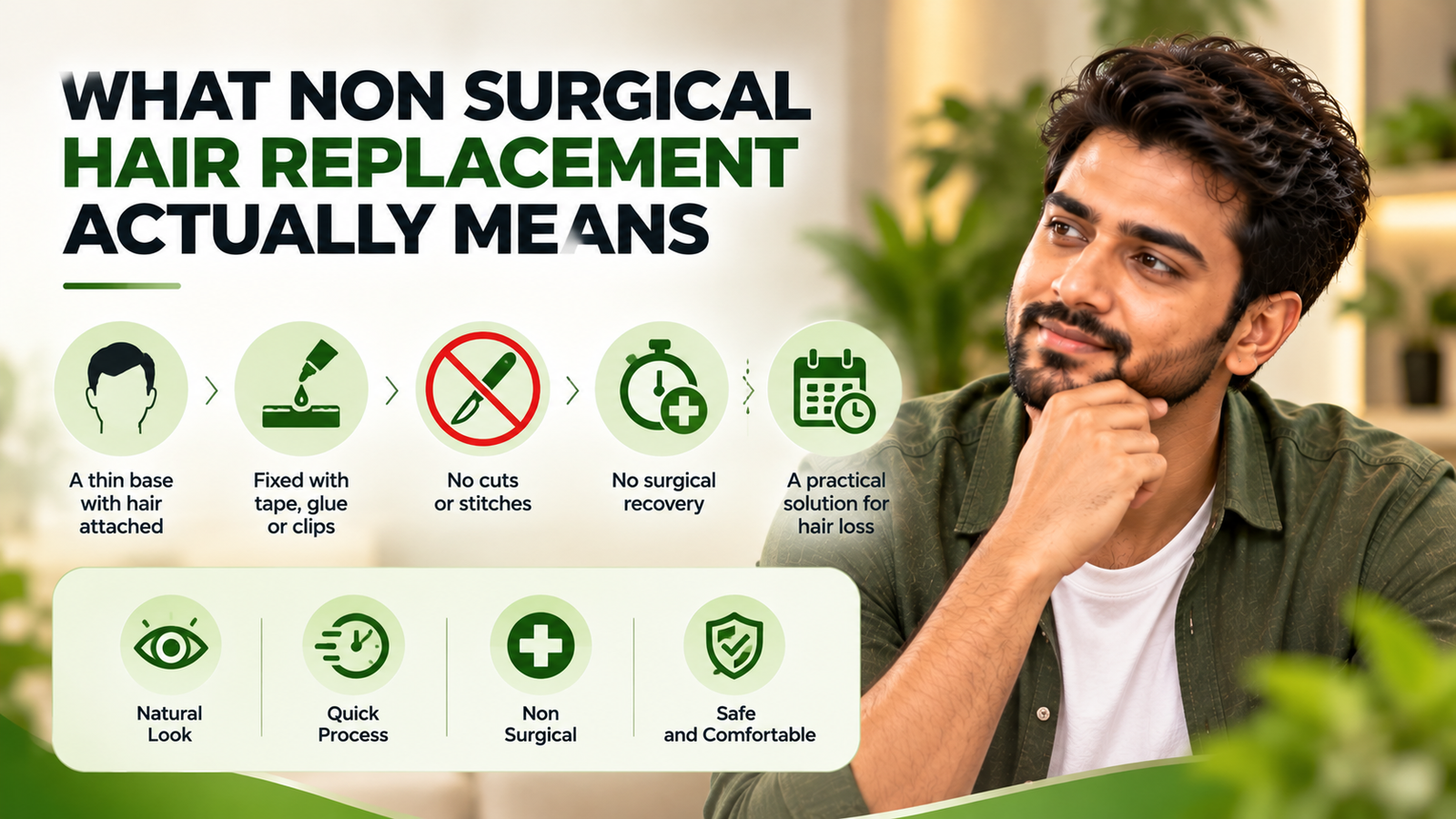 What non-surgical hair replacement means, showing a thin hair system, attachment methods, no surgery, no stitches, and a practical solution for hair loss.