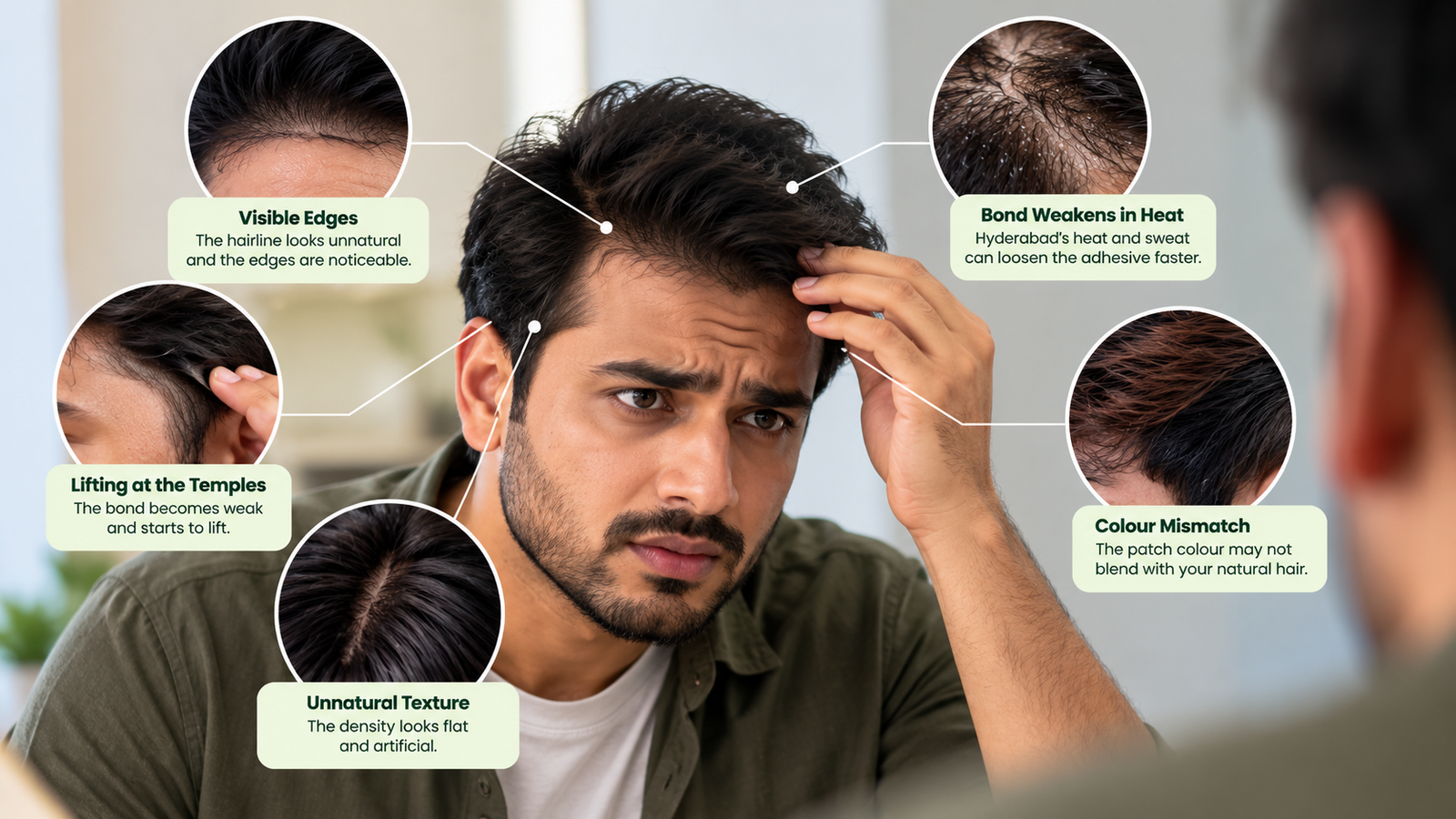 Common hair patch problems including visible edges, lifting at the temples, unnatural hair texture, weakened adhesive and colour mismatch.