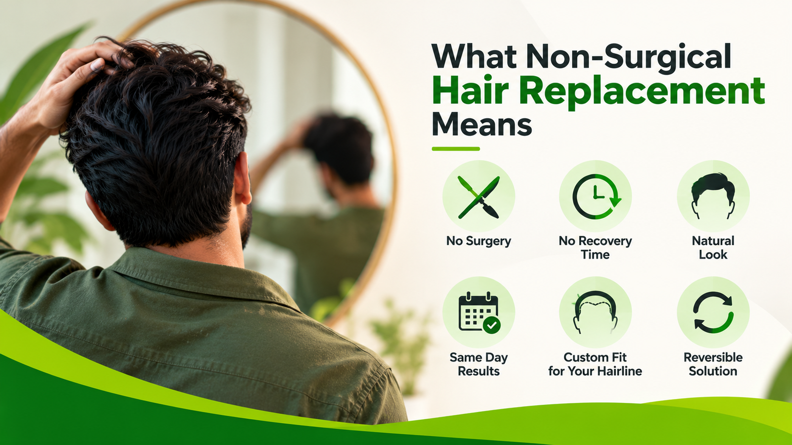What non-surgical hair replacement means, highlighting natural-looking hair, custom hairline fitting, no surgery, no recovery time, and same-day results
