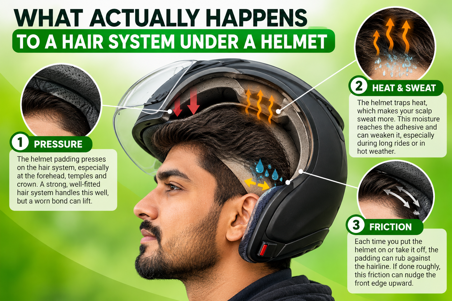 Infographic showing what happens to a hair system under a helmet, highlighting pressure, heat and sweat, and friction around the hairline.