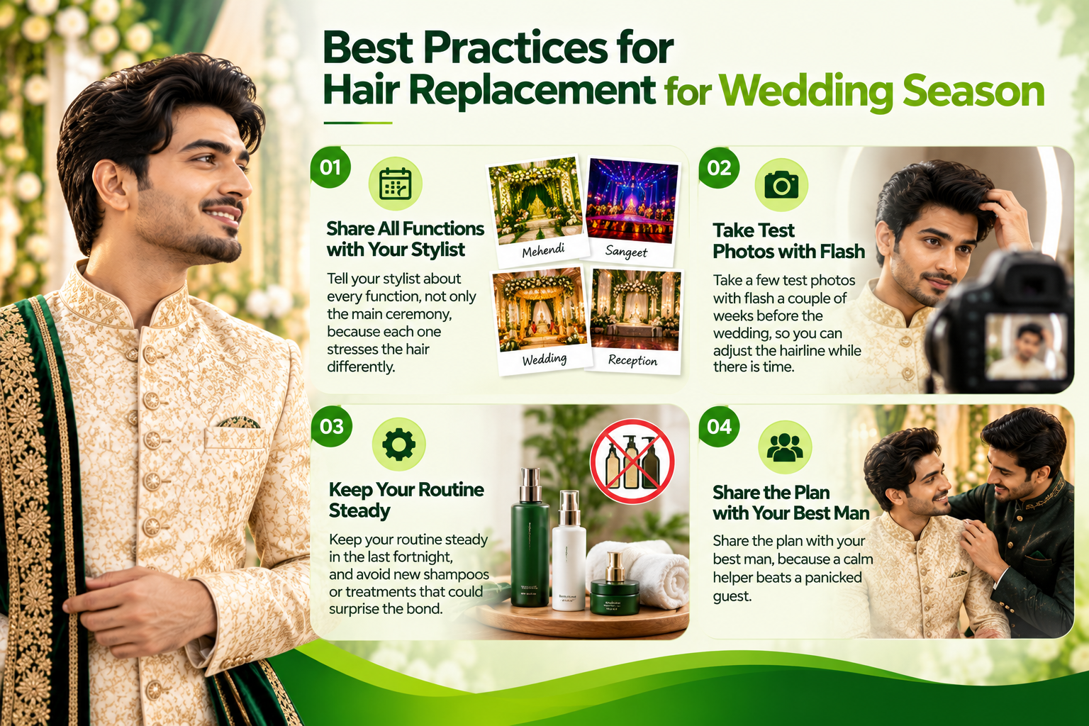 Best practices for hair replacement during wedding season, including planning with a stylist, taking flash-test photos, maintaining a consistent hair-care routine, and sharing the plan with the best man.