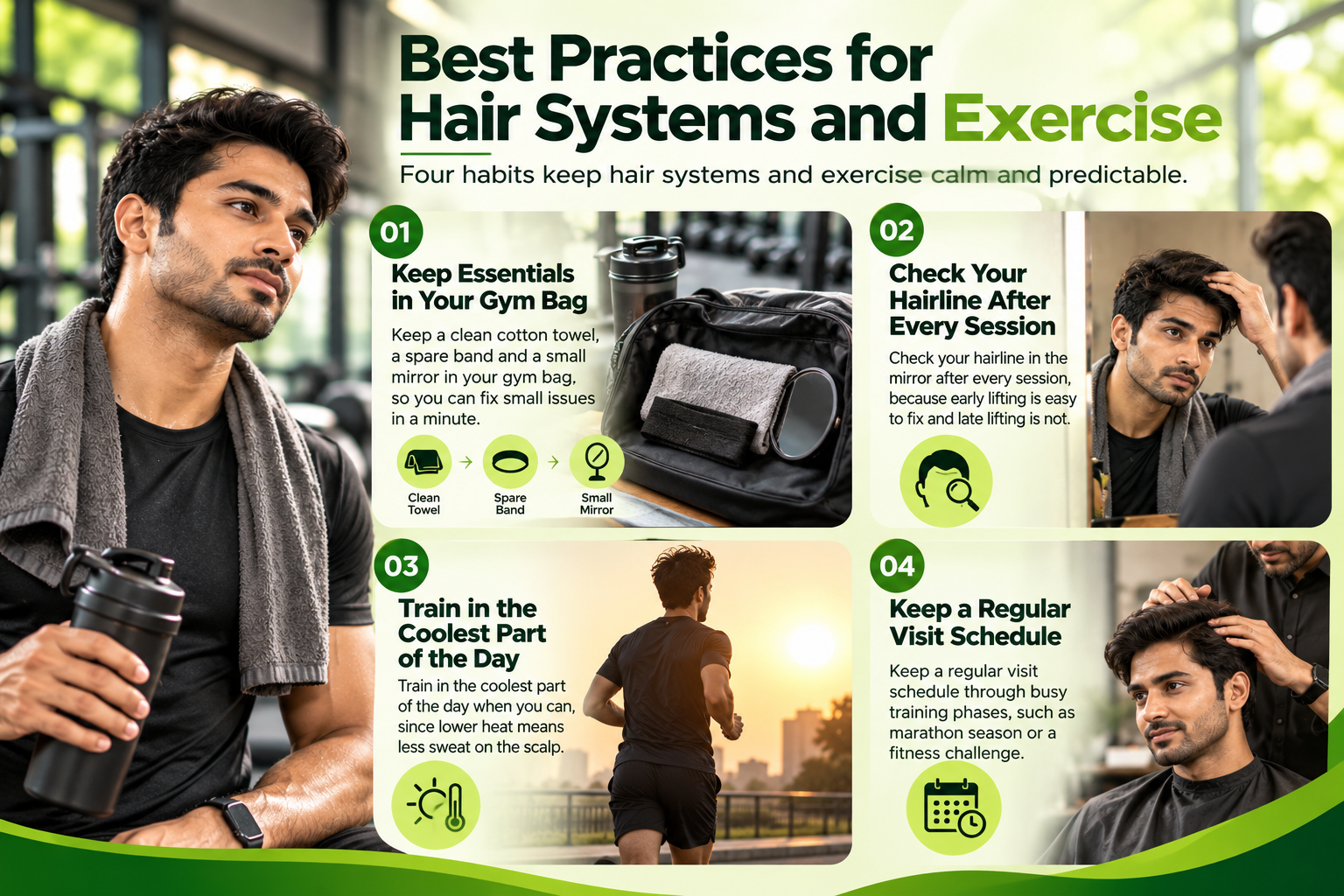 Best practices for exercising with a hair system, including gym bag essentials, checking the hairline, training in cooler conditions, and regular maintenance visits.