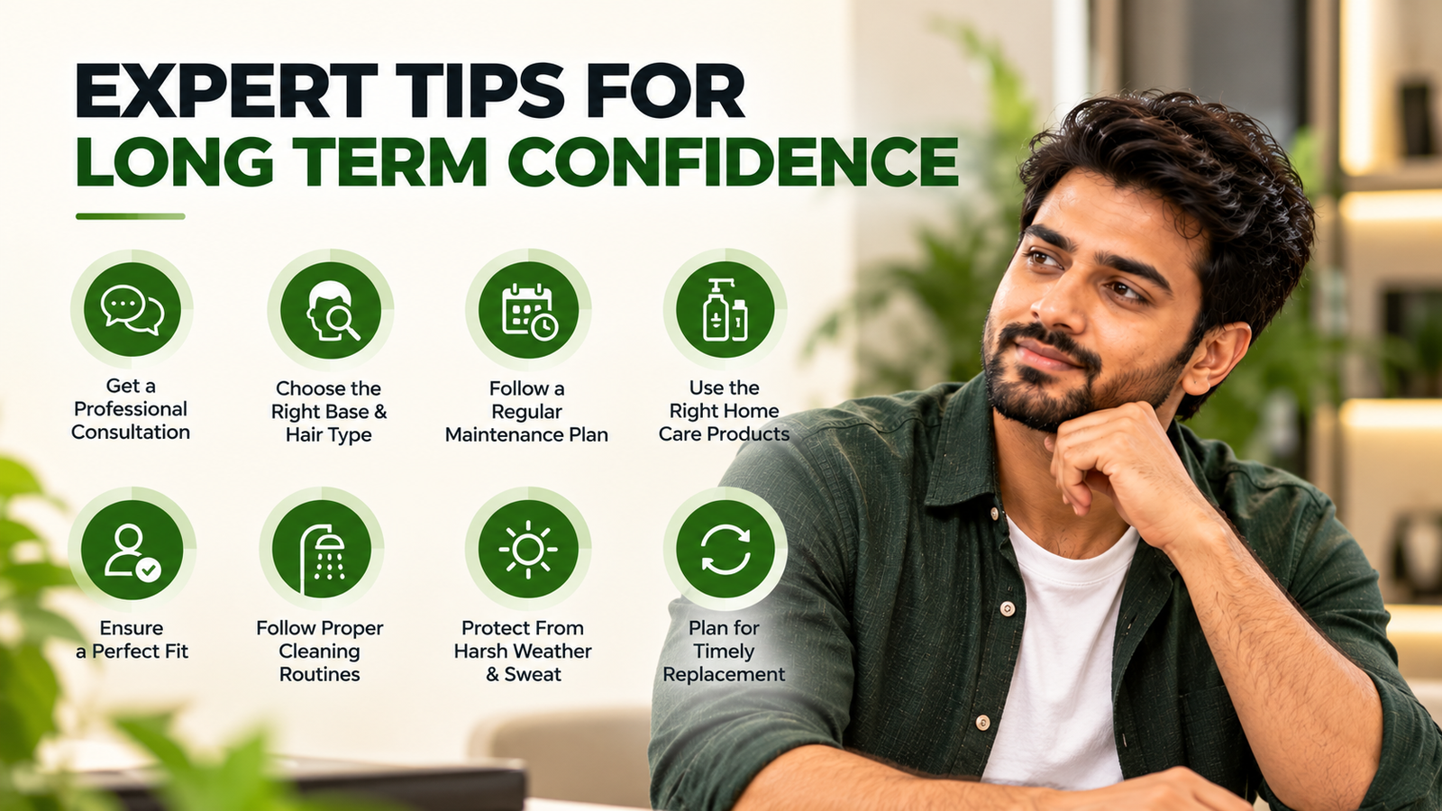 Expert tips for long-term confidence with professional consultation, suitable hair selection, regular maintenance, proper cleaning, home care products, weather protection, and timely replacement.