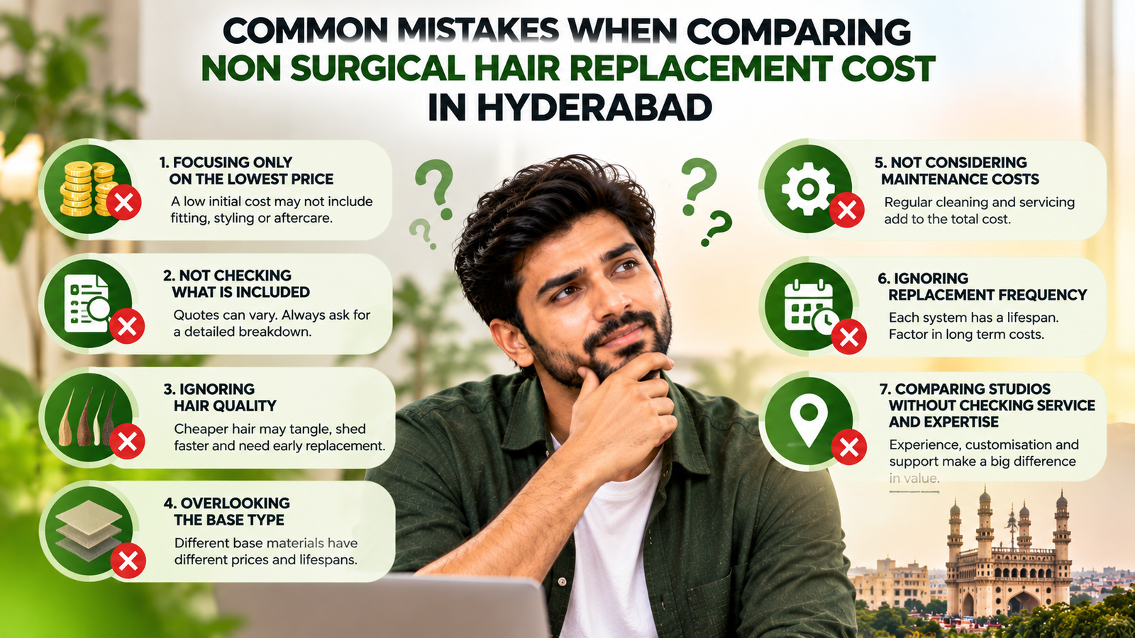 Common mistakes when comparing non-surgical hair replacement cost in Hyderabad, including focusing only on price, overlooking inclusions, hair quality, base type, maintenance, replacement frequency, and service expertise.