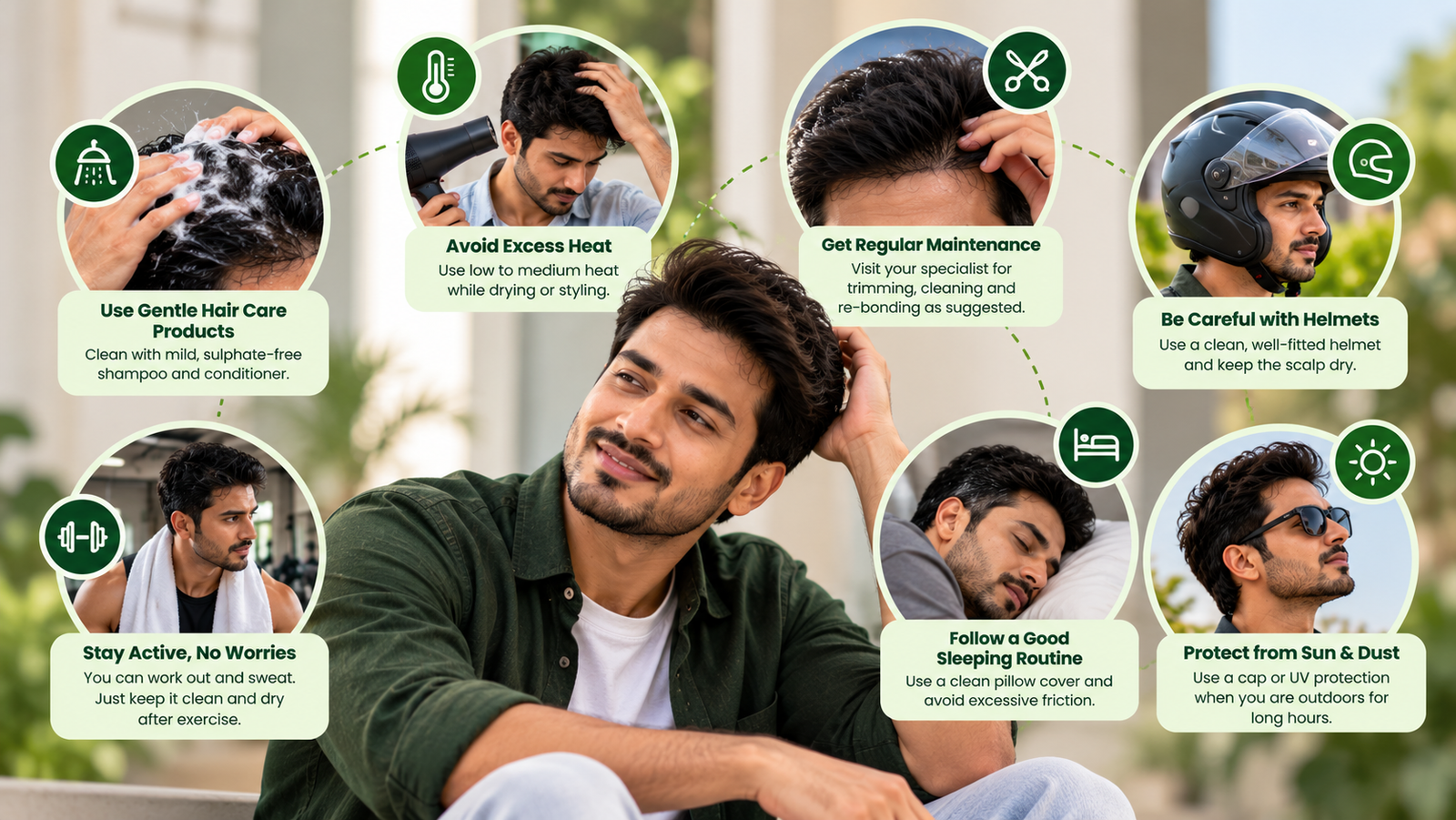 Best practices for living with a hair patch, including gentle hair care, regular maintenance, safe styling, exercise, helmet use and scalp protection.
