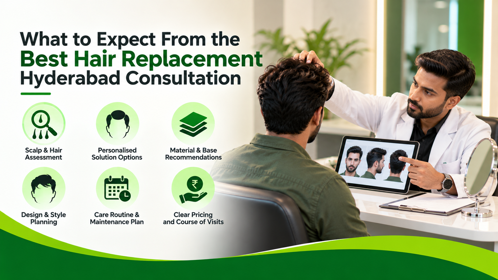 Hair replacement consultation in Hyderabad featuring a scalp and hair assessment, personalised hair system recommendations, styling options, maintenance planning, and transparent pricing