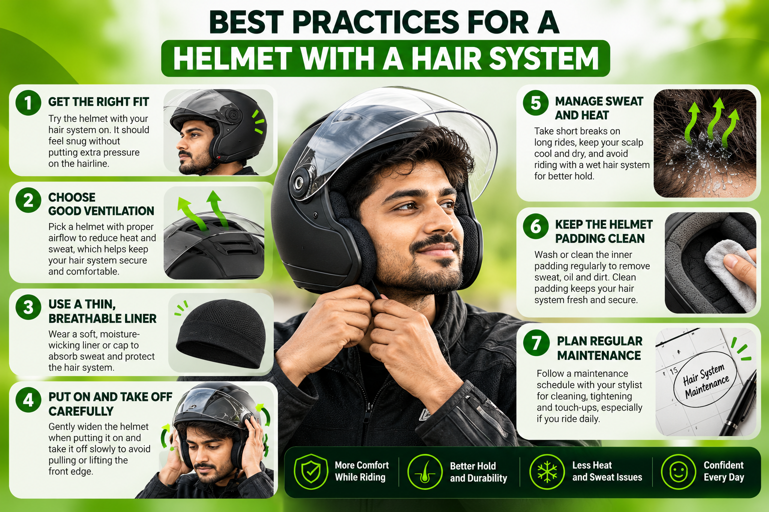 Infographic showing seven best practices for wearing a helmet with a hair system, including proper fit, good ventilation, a breathable liner, careful helmet removal, sweat and heat management, clean padding, and regular maintenance.