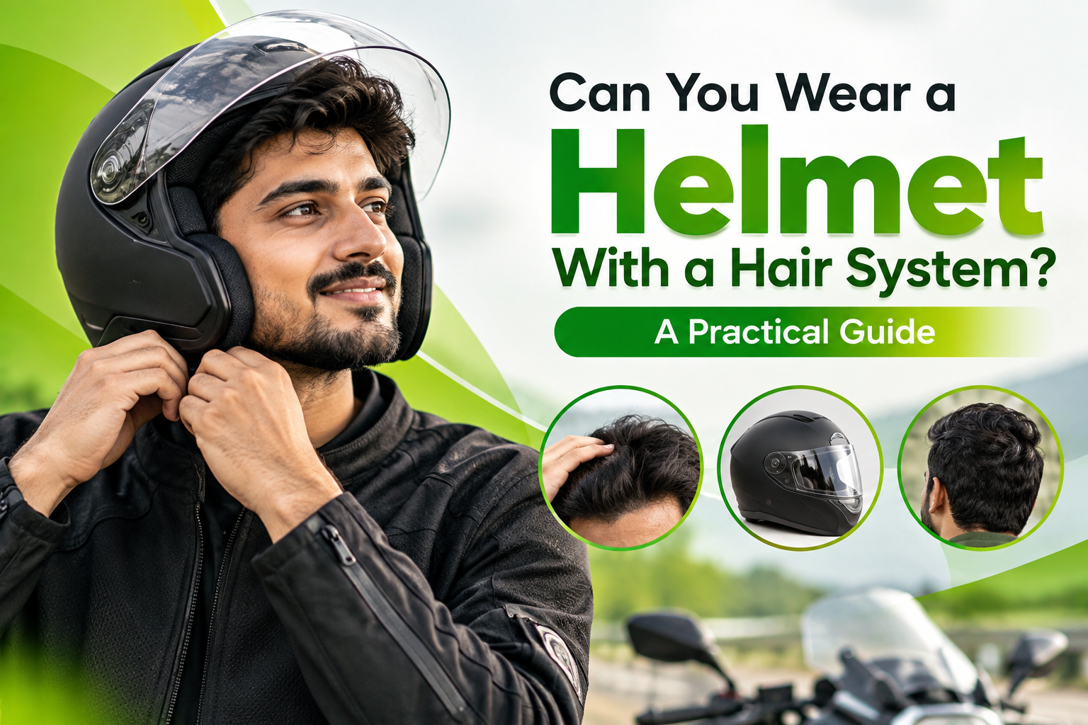 Young man wearing a motorcycle helmet with styled hair, illustrating how to safely wear a helmet with a hair system. Green-themed design with the text “Can You Wear a Helmet With a Hair System? A Practical Guide.”