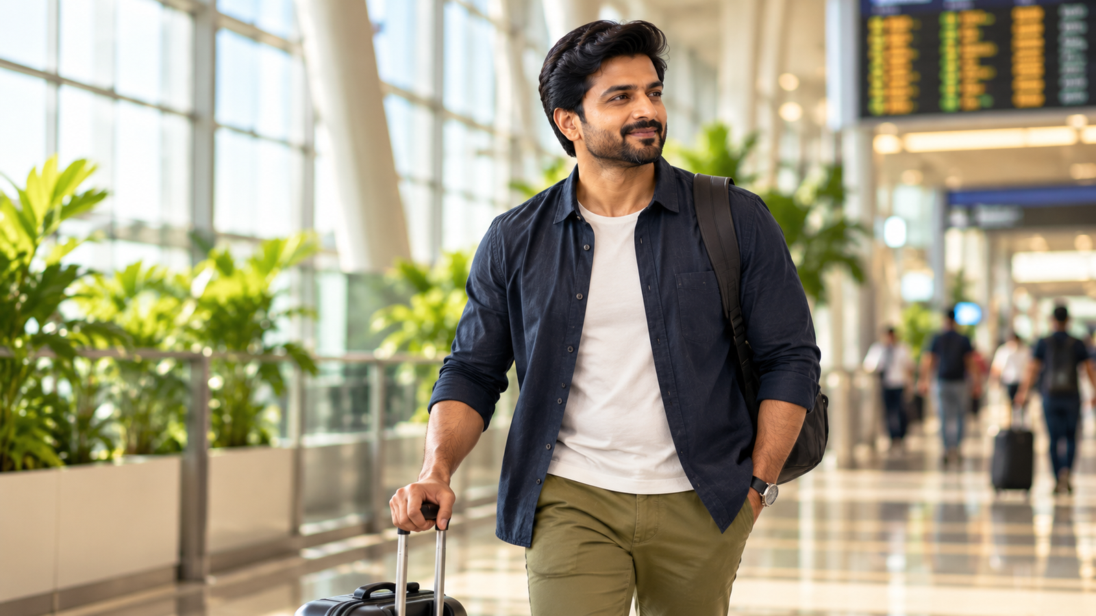 Man walking through an airport terminal, travelling with a hair system