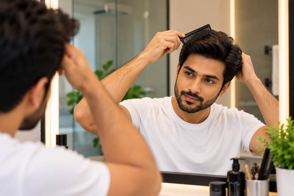 Living with a hair patch and gently styling hair with a wide-toothed comb