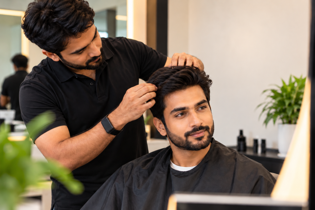Hair stylist helping a client maintain a natural-looking hairstyle at a professional hair studio