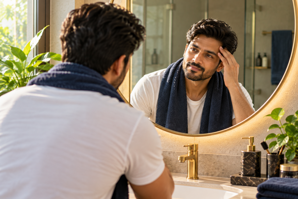 Man checking his hairline in the mirror to weigh hair patch benefits