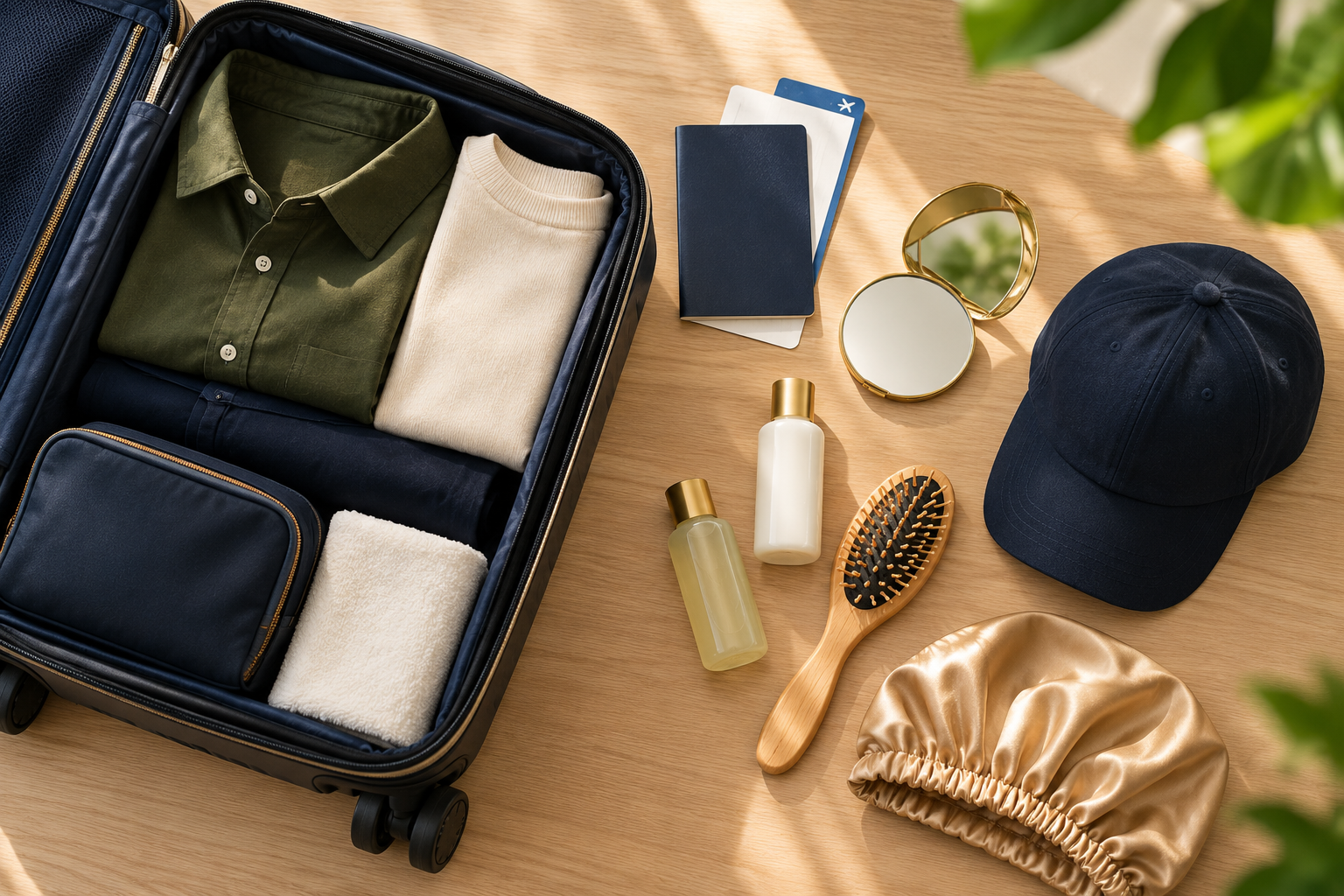 Cabin bag packed with travel-size shampoo, a cap and a satin sleep cap