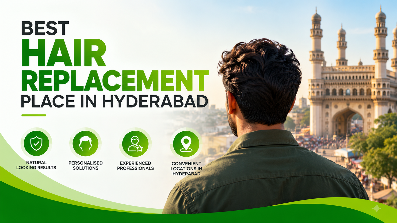 Best hair replacement place in Hyderabad featuring natural-looking hair solutions, personalised services, and experienced professionals, with a Hyderabad Charminar background and Needs Hair Studio brand colours.
